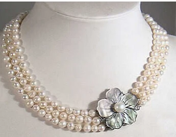 Hot sale 3Rows 7-8mm White Akoya Pearl Necklace Shell Clasp