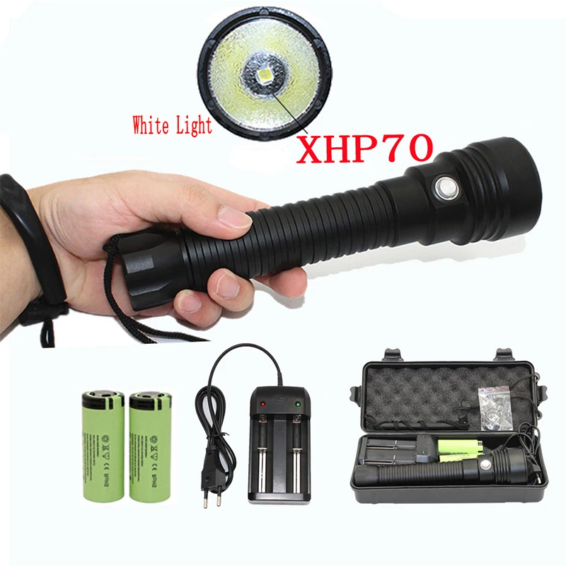 XHP70 Scuba Diving Flashlight 4000LM Ultra Fire Underwater Torch XHP70 LED Waterproof Lamp + 26650 Battery + Charger