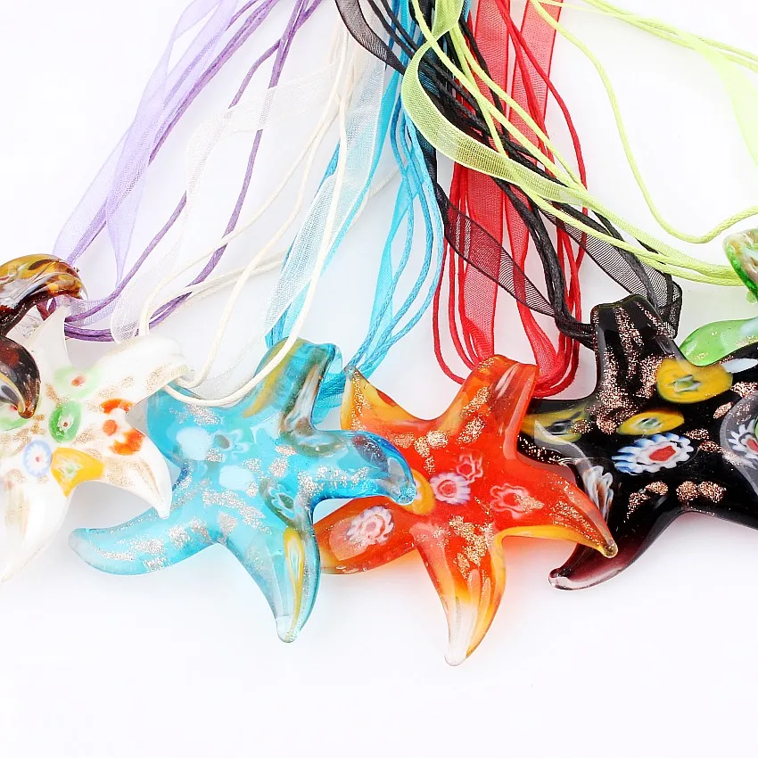 Fashion Beauty Wholesale 6pcs Handmade Murano Lampwork Glass Mix Color Millefiori Starfish Pendants Charms Necklace Hot sell