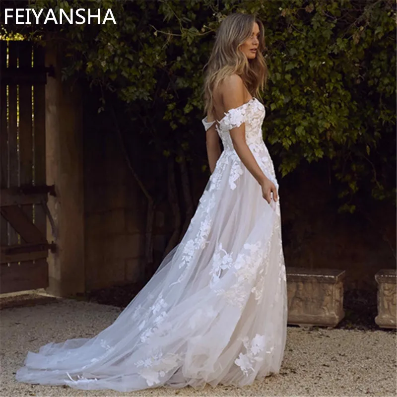 Vestidos de novia de encaje con hombros descubiertos, ropa de novia de línea A, vestido de novia de princesa, envío gratis, 2019