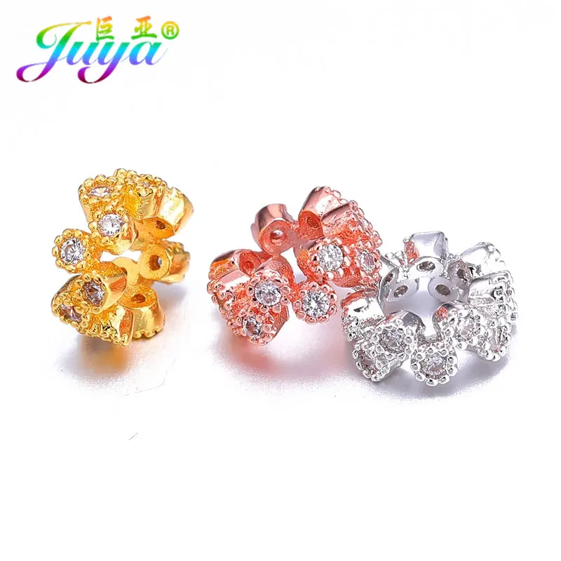 Juya 8Pcs/Lot Micro Pave Zircon 8mm Rondelle Spacers Flower Charm Beads For DIY Women Natural Stones Beadwork Jewelry Making