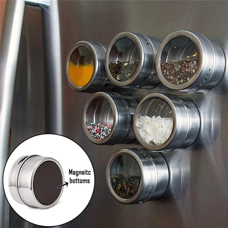 LMETJMA Magnetic Spice Jars Set With Spice Labels and Chalkboard Pen Stainless Steel Seasoning Pepper Spice Storage Jars Tins