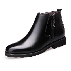 Round Toe Ankle Boot Slip On  Leather Snow Boots Men Winter Casual Chelsea Boots Black Mens Winter Shoe