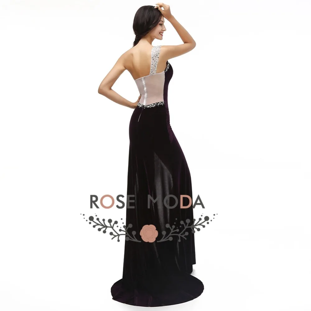 Rosa moda sexy um ombro cristal frisado alta fenda preto veludo vestido de noite até o chão fotos reais