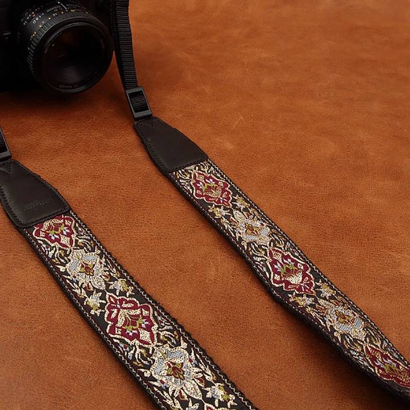 Cam8411 embroidered camera strap, soft cotton digital camera neck strap leather lanyard adjustable length