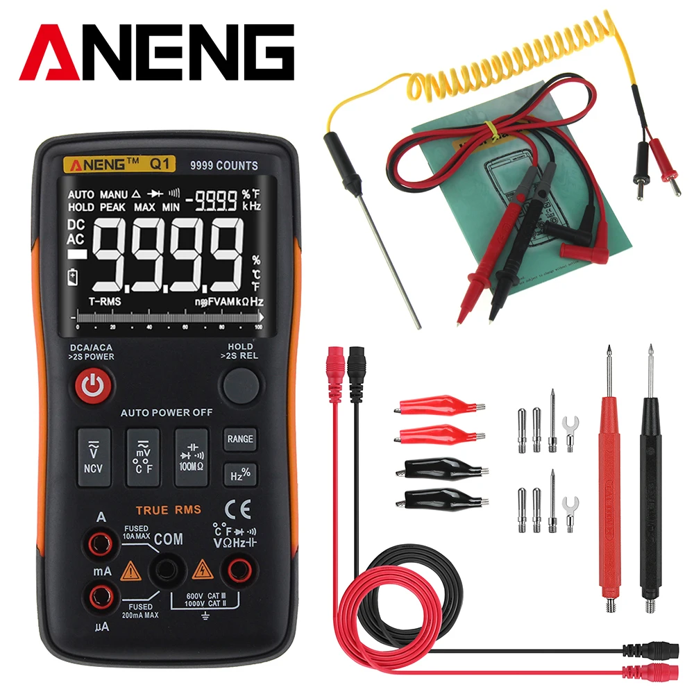 Q1 Digital Multimeter Transistor Tester 9999 Counts With Analog Bar Graph ACDC Voltage Ammeter Current Ohm Auto Wire test meter