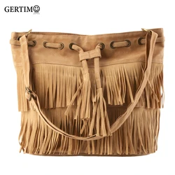 Retro Style Women Messenger High capacity bags Tassel Shoulder Crossbody Bags for Faux Suede Handbags Drawstring Bucket Bag