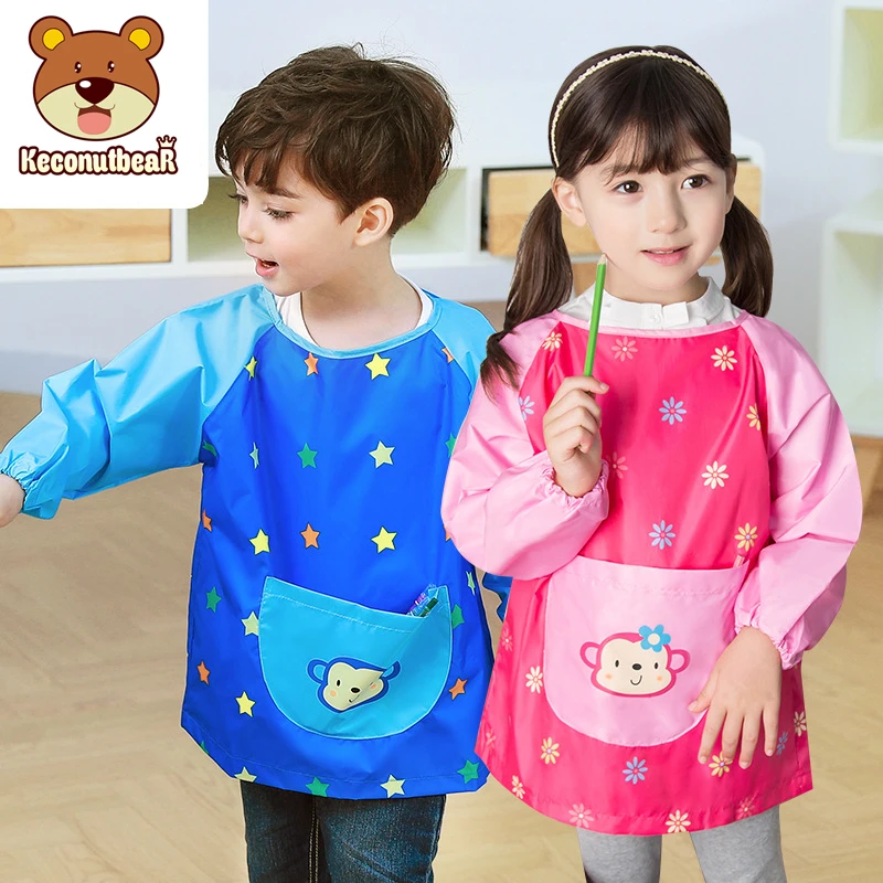 Children Waterproof Long Sleeve Art Smock Apron 2022 New Cartoon Monkey Kids Clothing Girls Boys Painting Aprons Baby Food Bibs