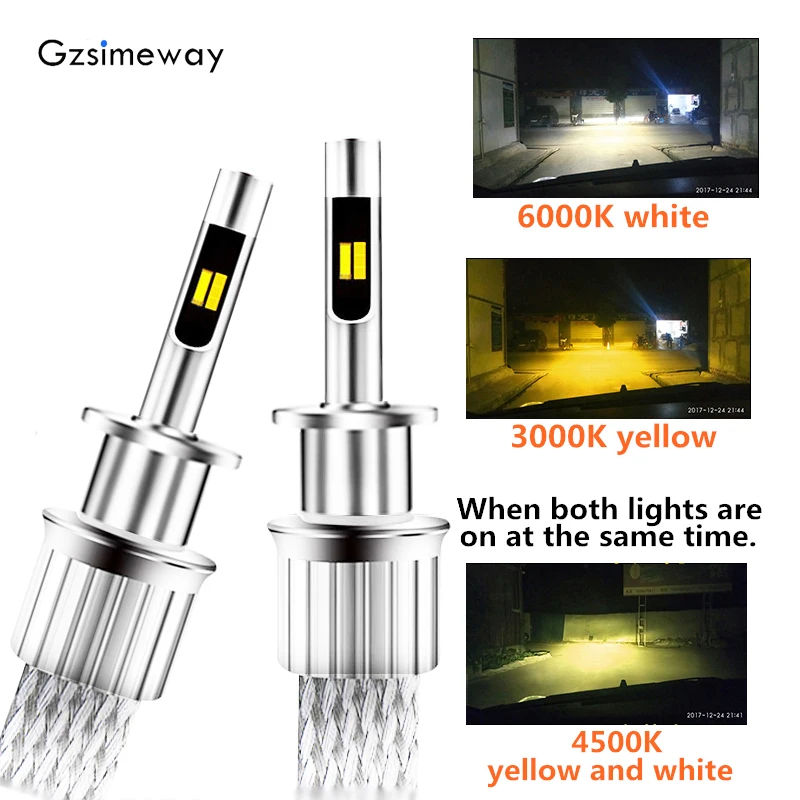 Gzsimeway car led H1 headlight 3-color H11 h1  H7  H3 Hb3 9005 hb4 H27 H8 9004/7 12v-24v 3000k 4300K 6000K car driving LED light