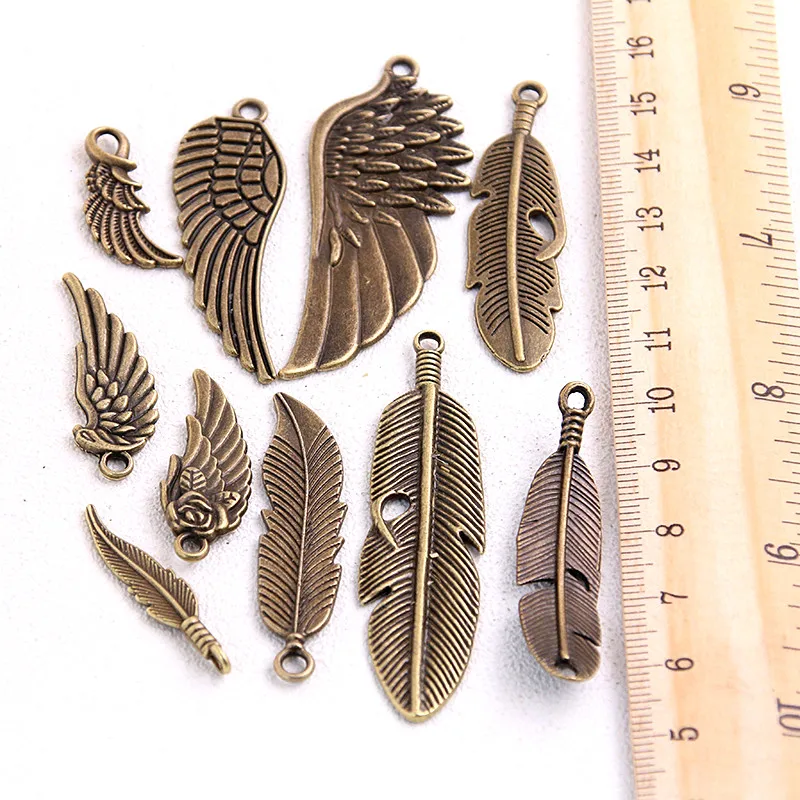 10pcs/lot Vintage Bronze Metal Small Wings & Feather Charms for Jewelry Making Diy Zinc Alloy Mix Wings Feather Pendant