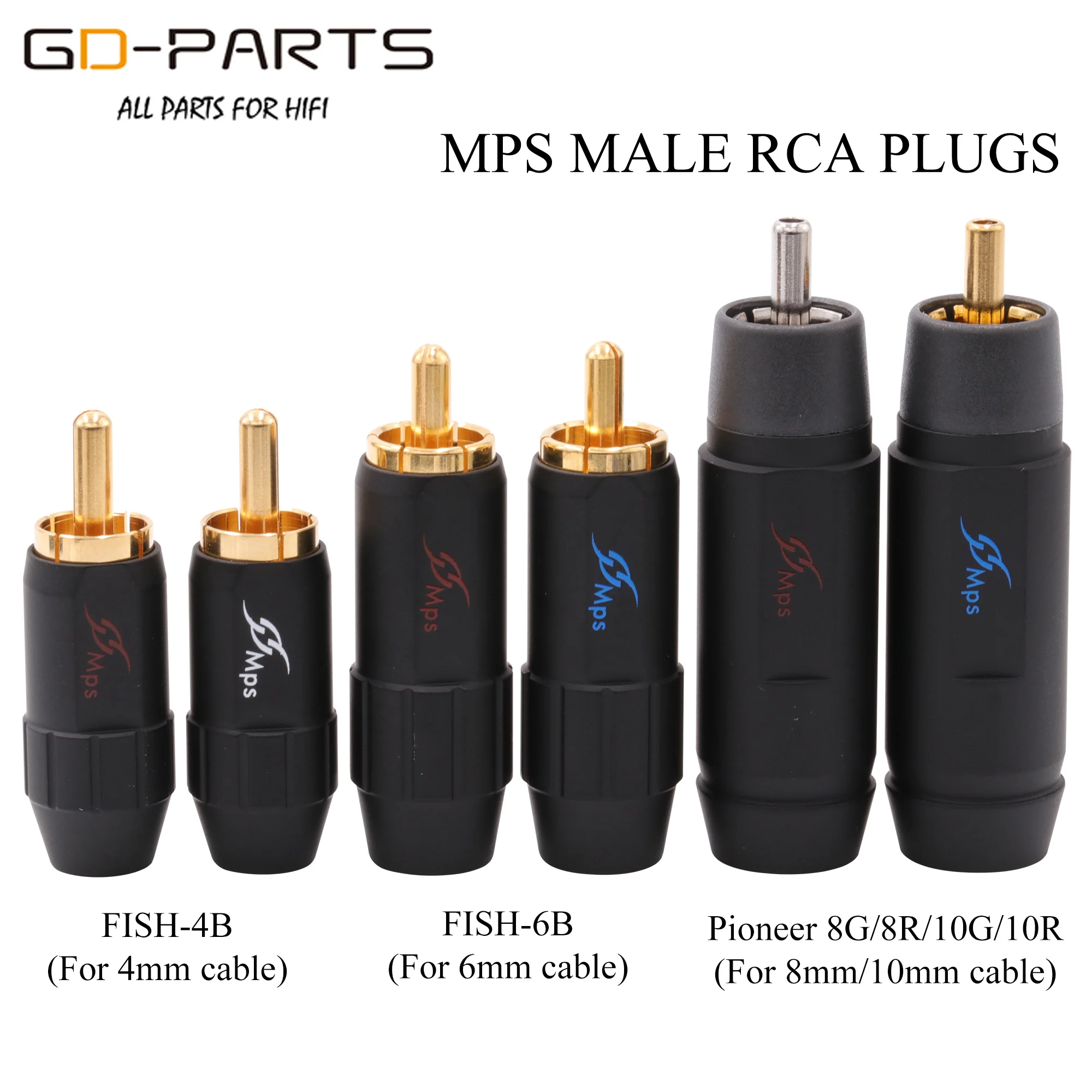 

MPS Male RCA Phono Connector Plug Jack 4mm 6mm 8mm 10mm Cable For Hifi Audio AMP CD DIY Gold Rhodium Plated Brass