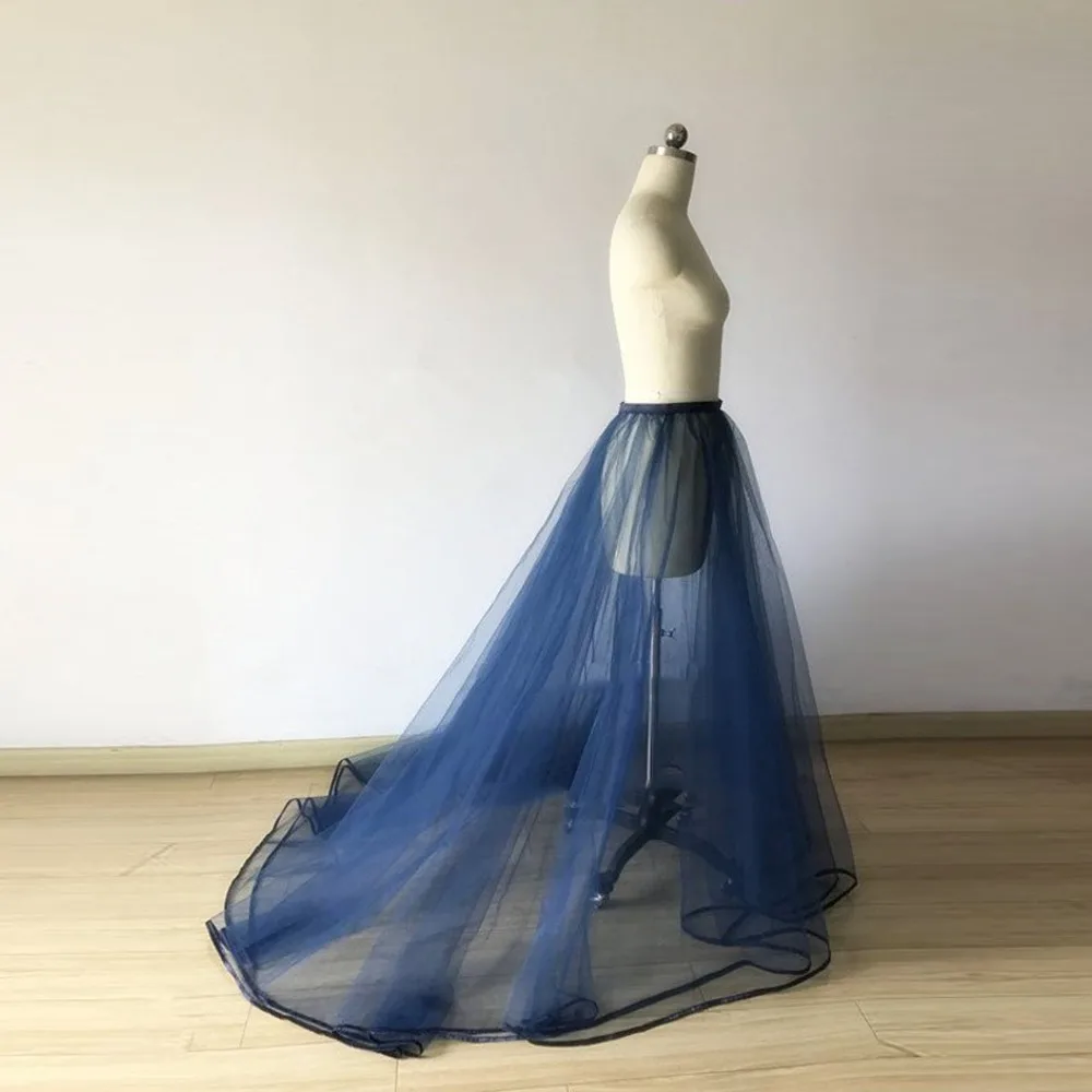 Satin Edge Navy Blue Women Wedding Train Long Overskirt Overlap Floor Length Tulle Skirts Zipper Custom Made Wrap Tutu Saias