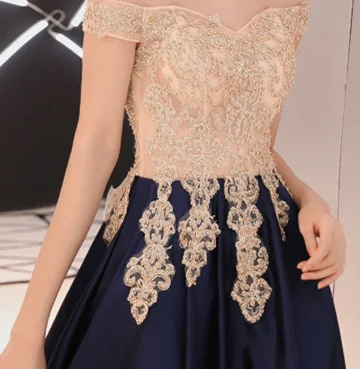 It\'s YiiYa Evening Dress Gold Lace Navy Blue Fashion Party Gowns Boat Neck Floor length Long Formal Dresses  E052