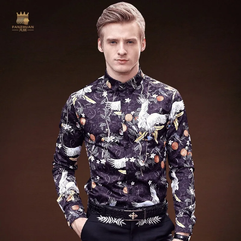 

FanZhuan Free Shipping New fashion casual male men's personality long sleeved Slim shirt crane Botany 712005 printing blouse