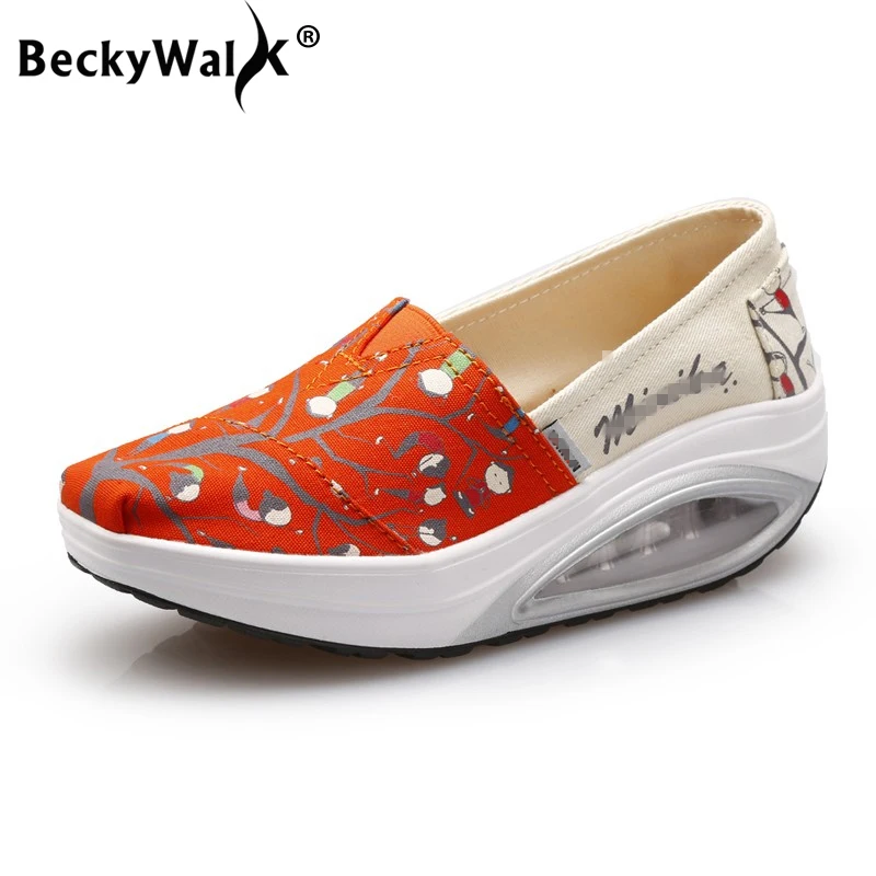 BeckyWalk Spring New Canvas Women Shoes Women Casual Shoes Slip On Ladies Sneakers Shoes Height Increasing Swing Shoes WSH2927