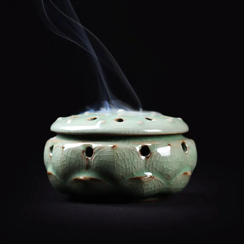 Longquan celadon ceramic Buddha crafts Lotus style incense burner incense coil sandalwood censer onsale