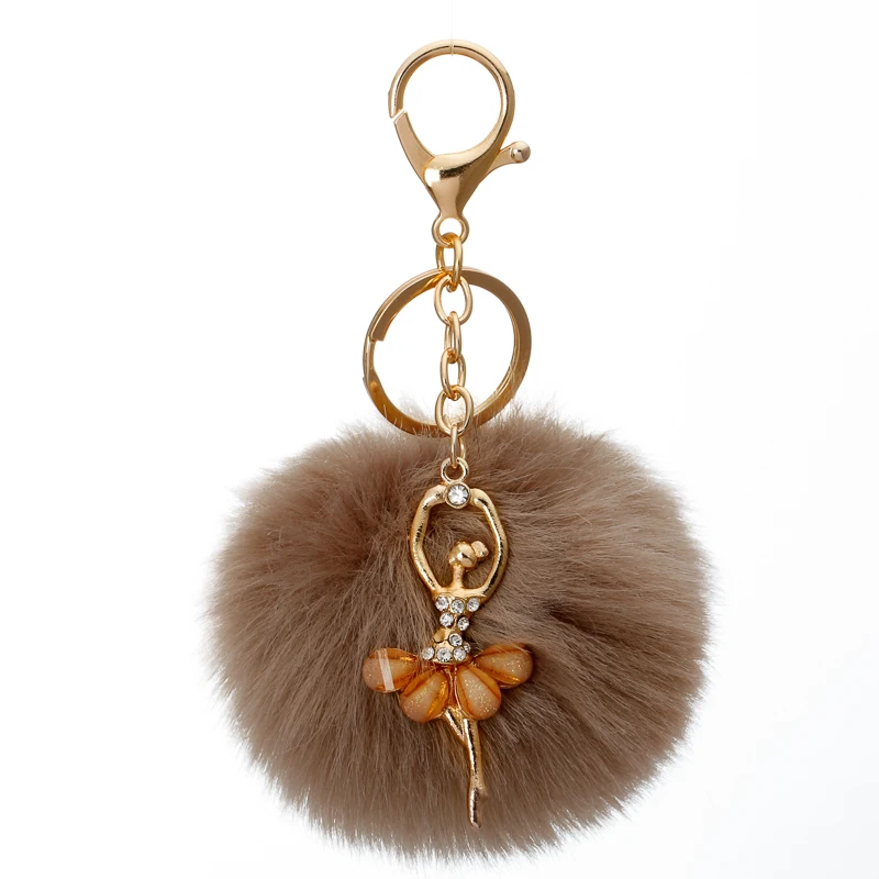 Fashion Dancing Angel Girl Fluffy Pompom Keychains Fake Rabbit Fur Ball KeyChain Women Bag Charms Jewelry Gift Pompom Keychain