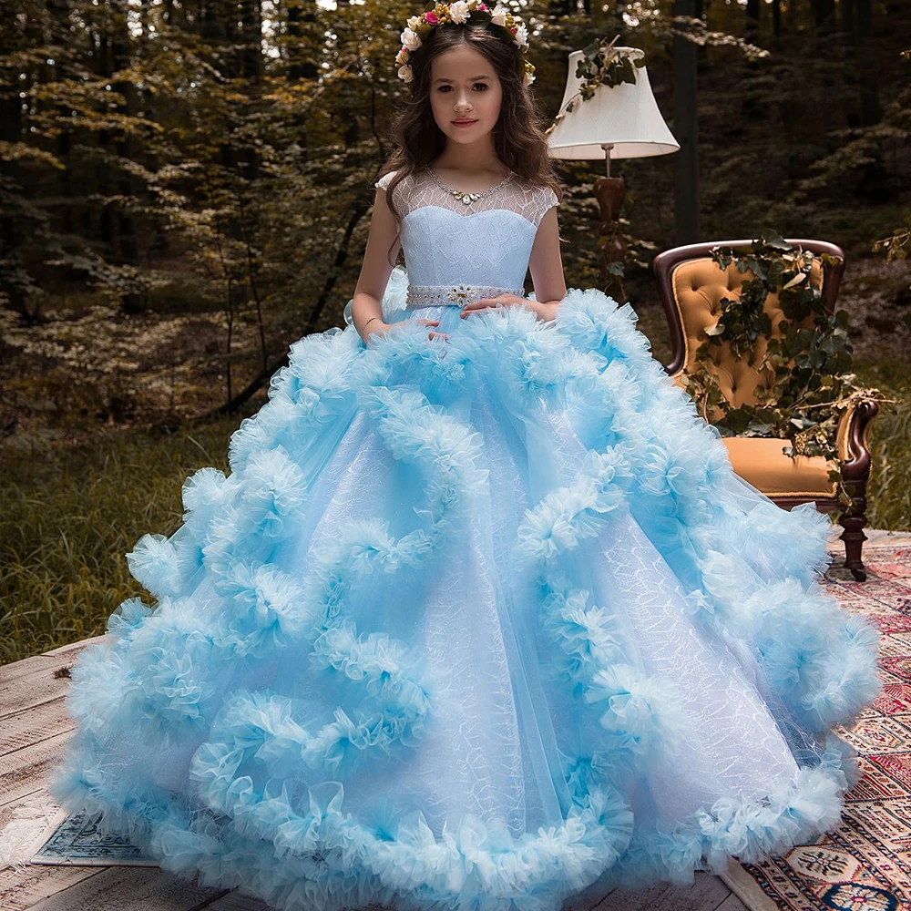 Vestidos de niña de flores de nube para bodas Vestidos daminha Vestidos de baile para desfile para niños Vestidos de primera comunión de plumas para niñas