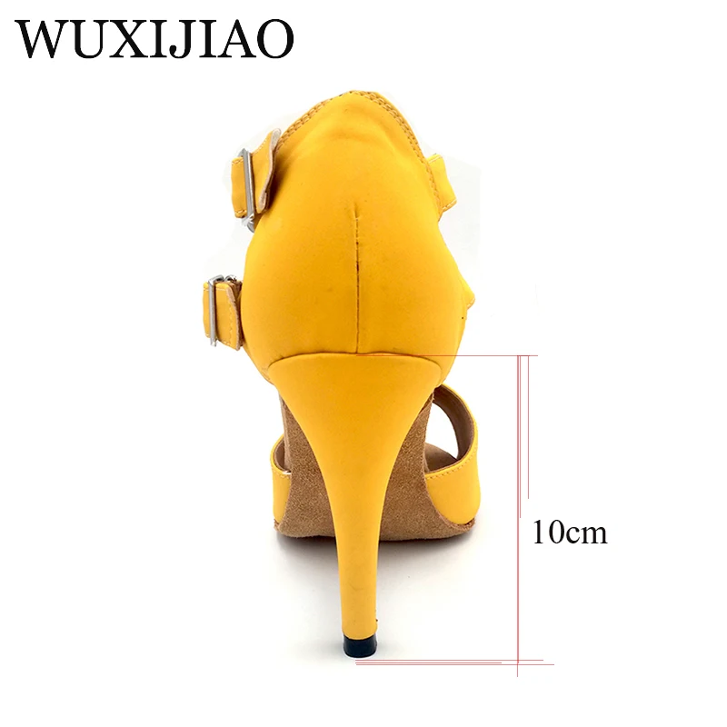 WUXIJIAO zapatos de baile latino de fondo suave de franela amarilla, tacones de 6cm-10cm para mujer, Tango, Samba, Salsa