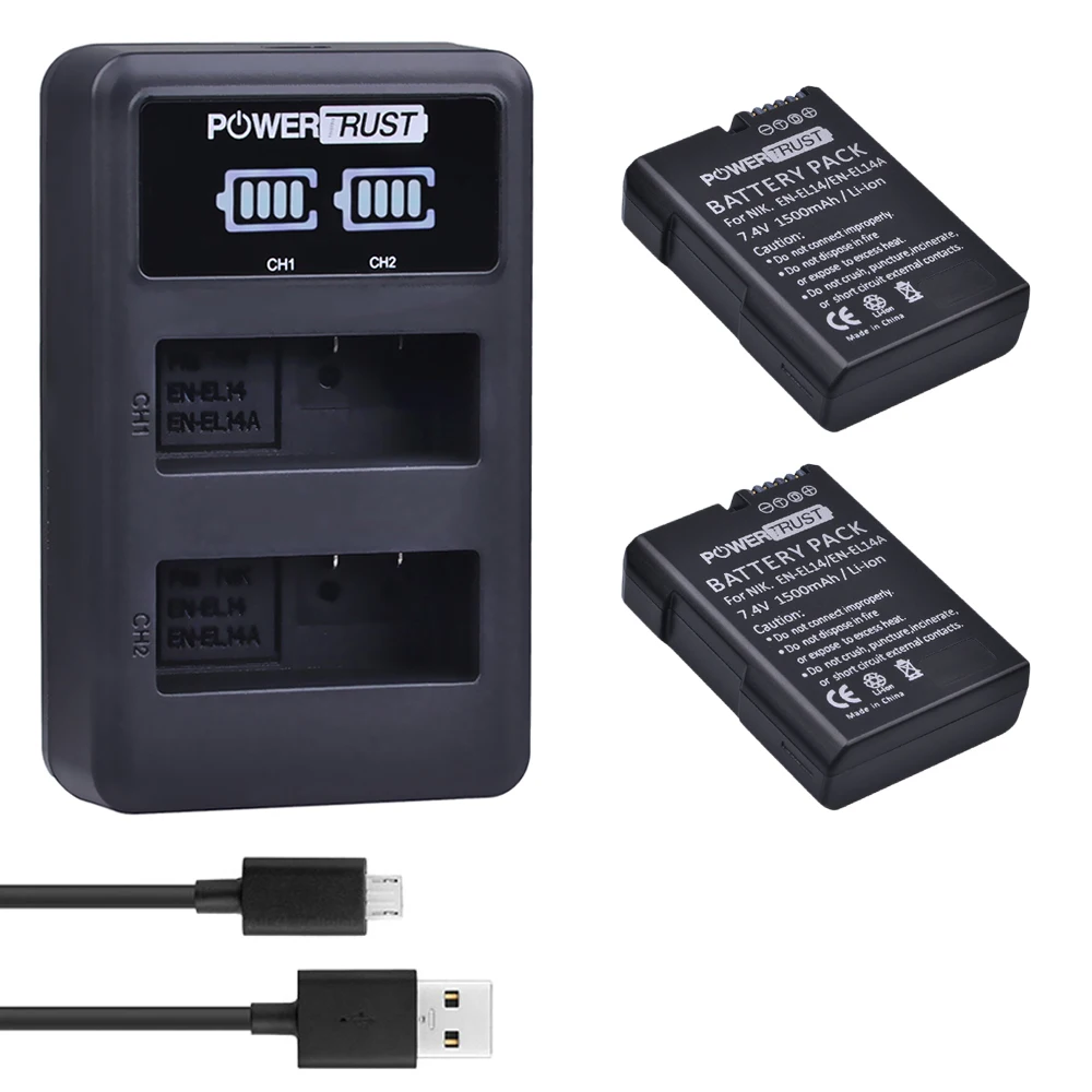 

Powertrust 2pcs EN-EL14 bateria EN EL14a Battery+LED Dual USB Charger for Nikon P7800 P7000 D5500 D5300 D5200 D3300 D5600 D3400