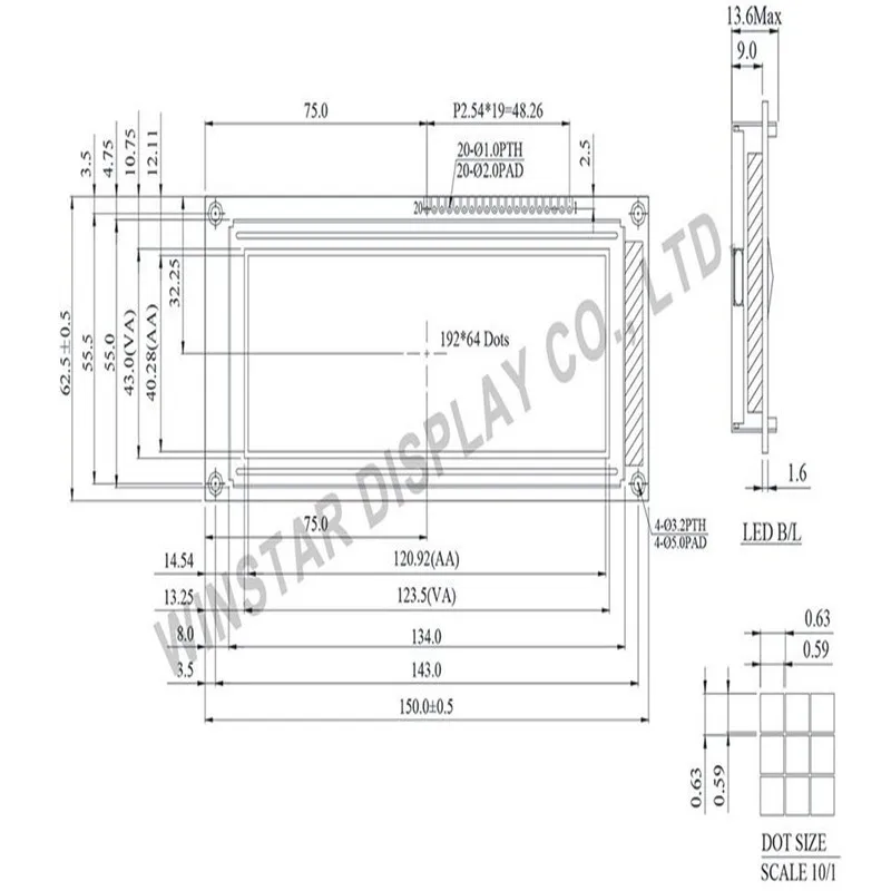 WG19264E-TMI-V#N WINSTAR is a monochrome 192x64 graphic LCD blue display module ,150x62.5 mm and AA size of 120x40.28 mm