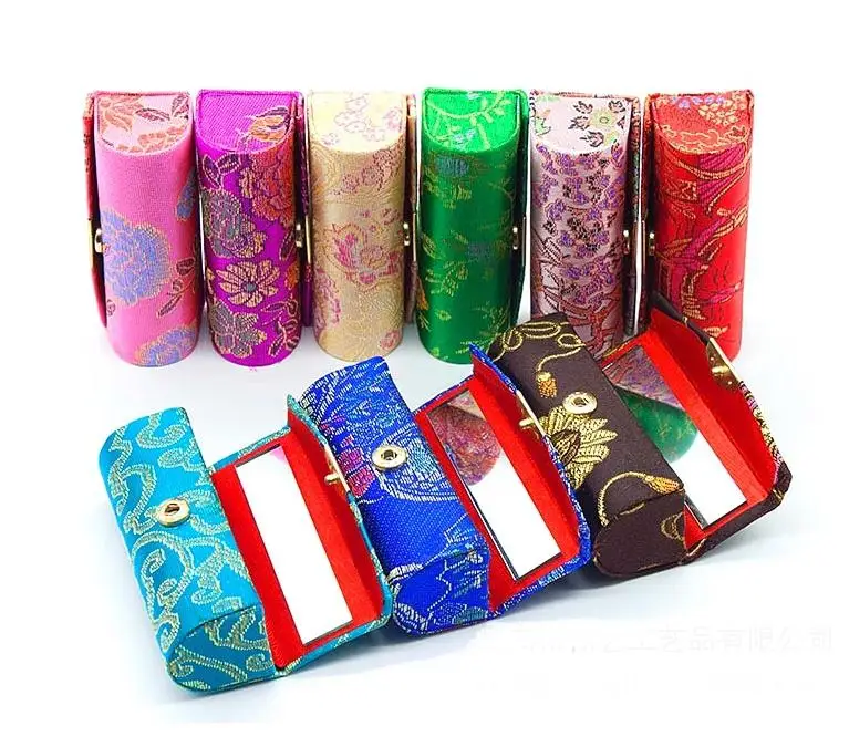 Hot Retro New Lipstick Brocade Embroidered Flower Design Holder Box with Mirror Cosmetic Bags Multicolors Cases SN1436