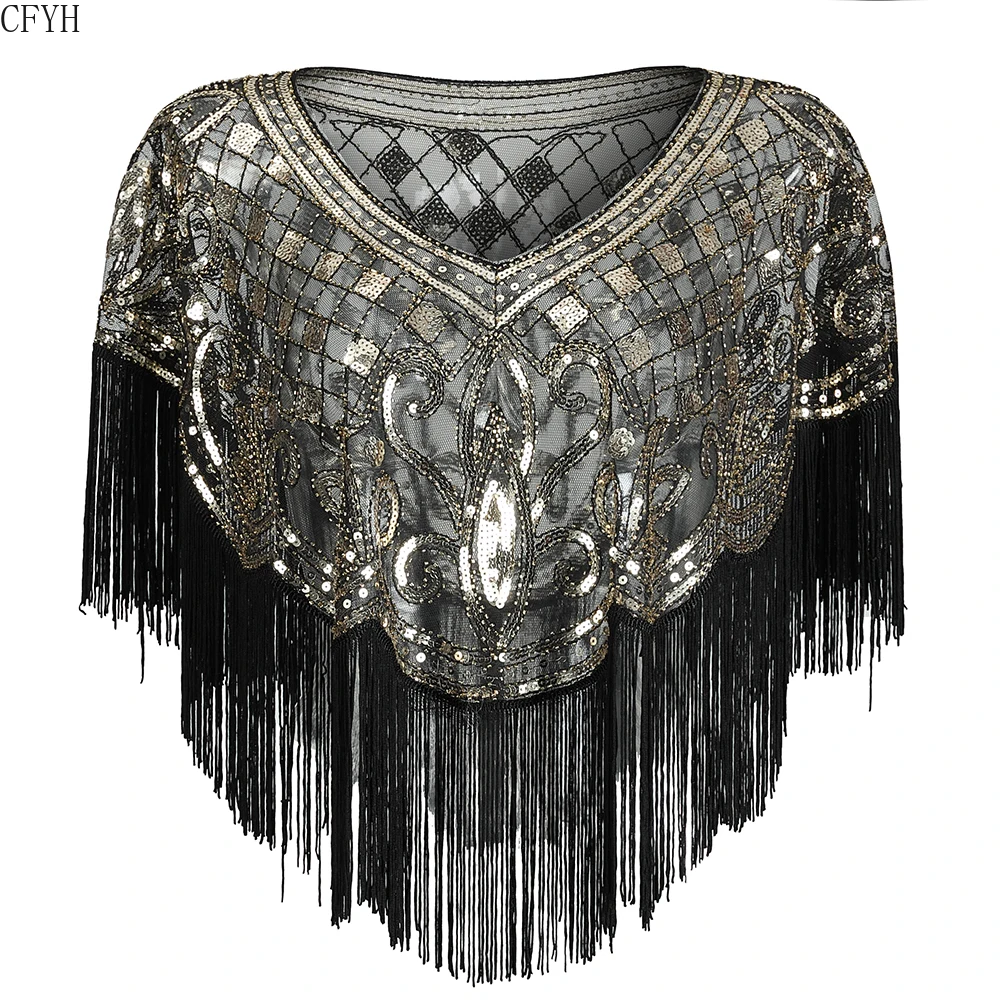 

Women 1920s Flapper Embroidery Fringe Shawl Cover Up Gatsby Party Beaded Sequin Cape Vintage Mesh Scraf Wraps for Dresses