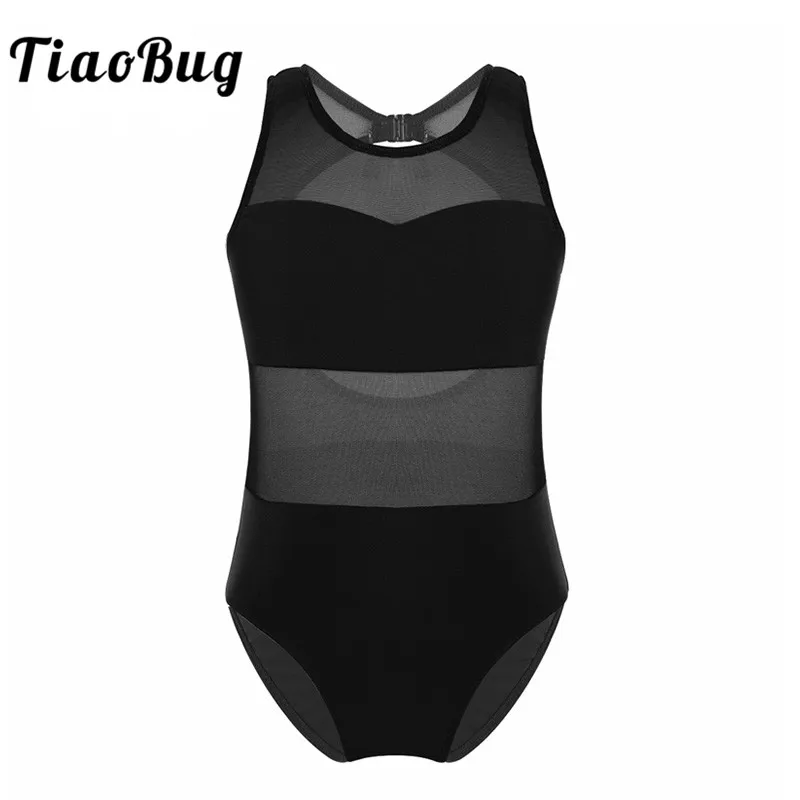 TiaoBug Kids Teens Mesh Splice Cutout Ballet Dance Leotard Girls Gymnastics Leotard Professional Ballerina Costume Dance Wear