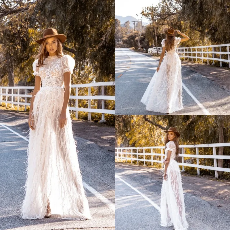 

Crystal Design Wedding Dresses 2019 Lace Appliques Feather Short Sleeve Bridal Gowns Custom Summer Beach Wedding Dress