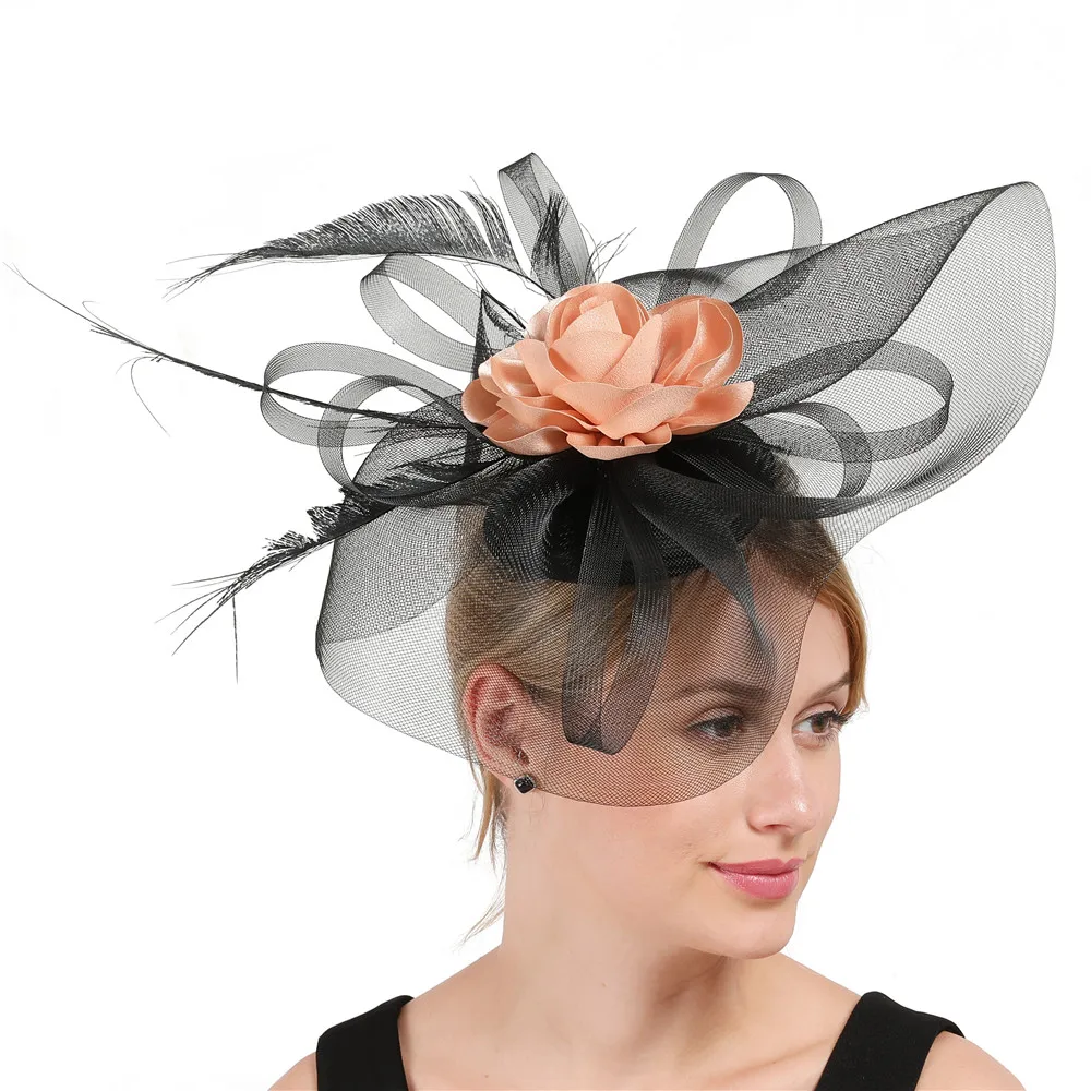 

Elegant Black Big Fascinator Hat Women Wedding Mesh Headwear Veil Champagne Flower Feather Fascinator Races Hats For Lady Formal