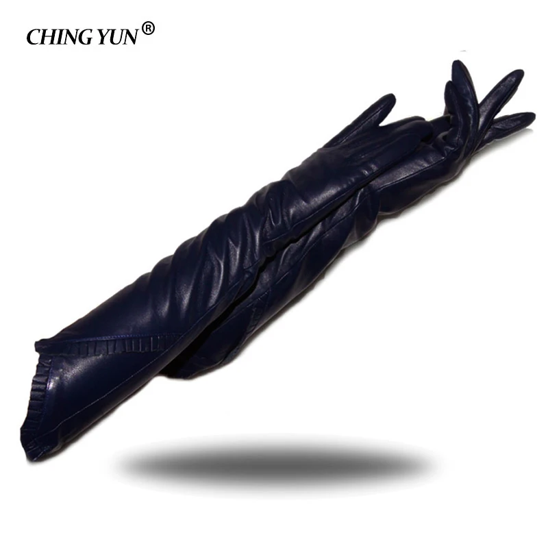 CHINGYUN Winter Lady Fashion Sheepskin Leather Gloves Women Genuine Leather Mittens Female Long Style Keep Warm Arm Sleeve