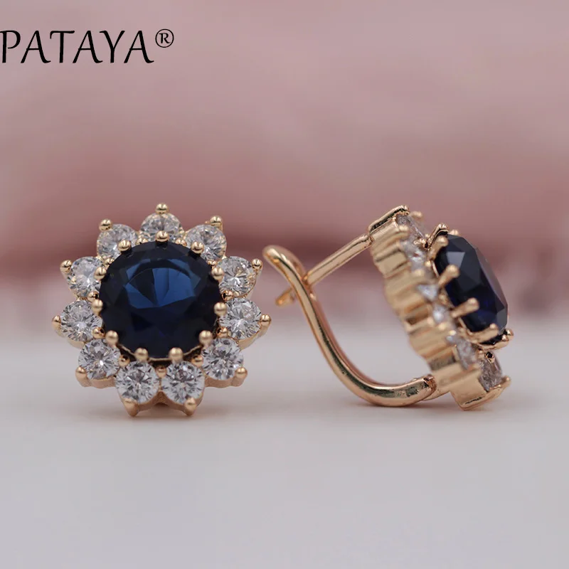 PATAYA New Original Design Blue Sunflower Round Natural Zircon  Earrings Rings Sets 585 Rose Gold Color Women Wedding Jewelry