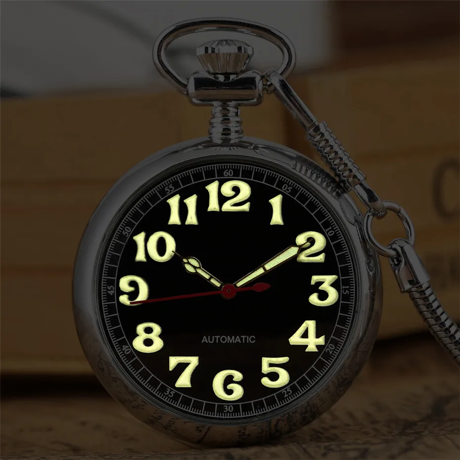 Retro Pocket Pendant Clock Luminous Arabic Numerals Display Mechanical Self Winding Pocket Watch with 30 cm Silver Fob Chain