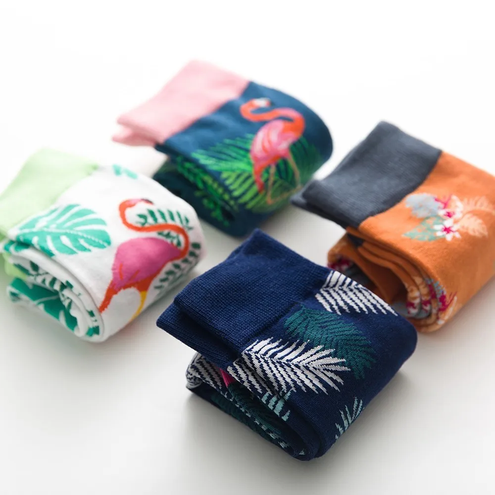 PEONFLY Men Personality Colorful Jacquard Socks cute Exquisite Feather Leaves Flamingo Socks Funny Happy casual Cotton Sock male