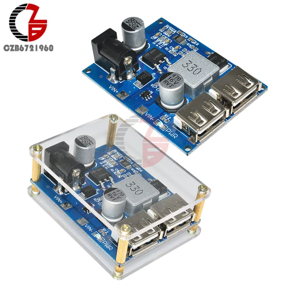 DC-DC Step Down Power Supply 12V to 5V 5A LM2596S Voltage Regulator Step-Down Buck Converter Dual USB with Acrylic Case