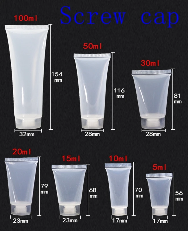 

50pcs/lot 5ml 10ml 15ml 20ml 30ml 50ml 100ml Clear Plastic Soft Tube Empty Cosmetic Cream Emulsion Lotion Packaging Containers