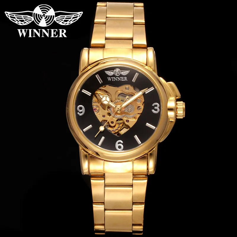 T-WINNER New Women Luxury Top Brand Automatic Mechanical Watch Golden Skeleton Love Stainless Steel Fashion Ladies Wrist Watch