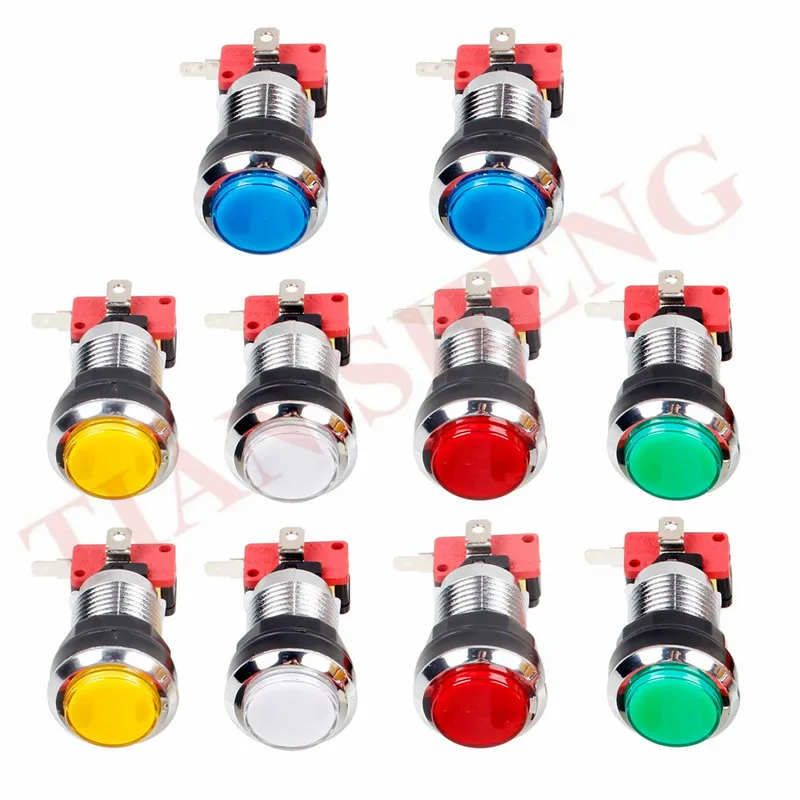 10pcs/lot 12V CHROME Plated push button led illuminated arcade button with microswitch and LED Light for DIY jamma game parts