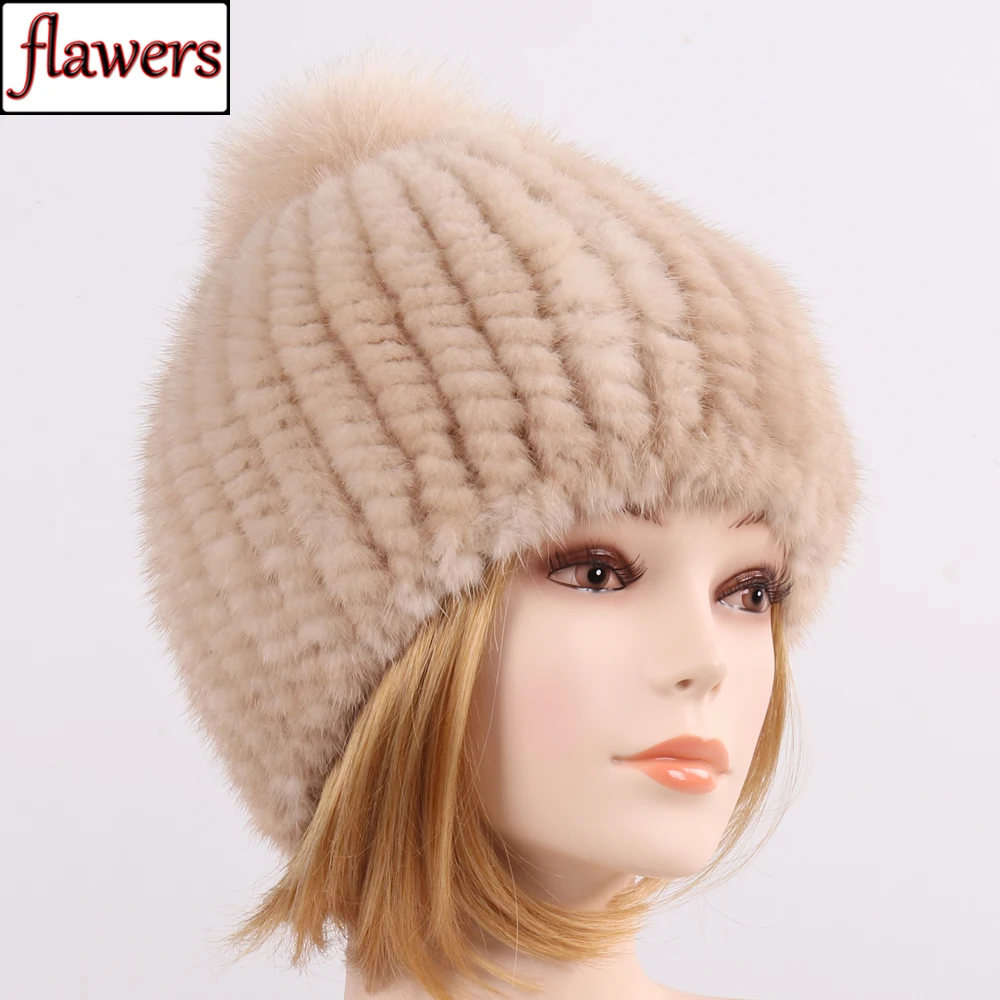 

Hot Sale Real Mink Fur Hat Women Winter Knitted Mink Fur Beanies Cap With Fox Fur Pom Poms 2019 New Thick Female Mink Fur Caps