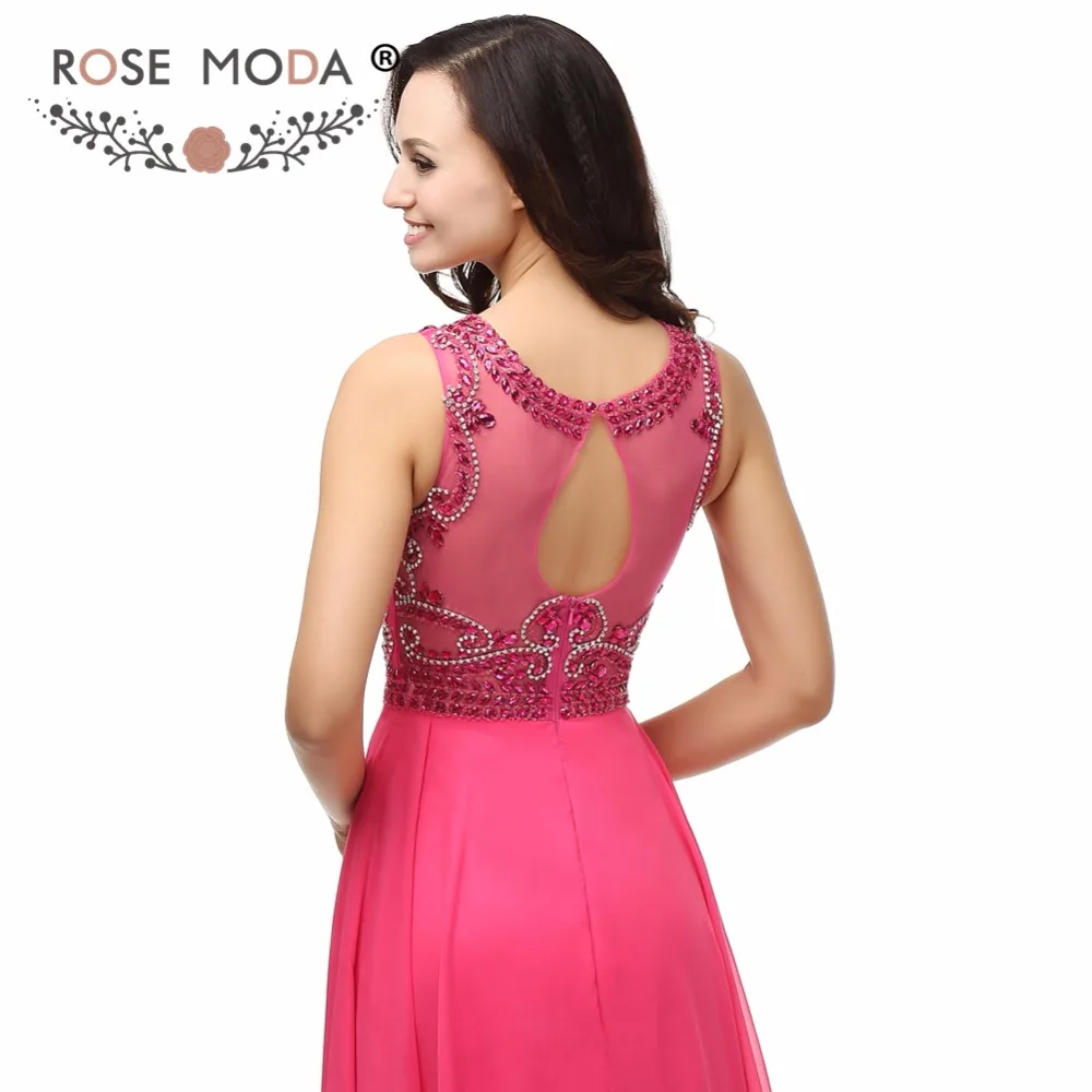 Rose Moda Pha Lê Đính Cườm Nóng Hồng Buổi Tối Ăn Mặc Cao Cổ Không Tay Tầng Chiều Dài Trang Phục Chính Thức Đảng Dress Cut Out Lại 2019