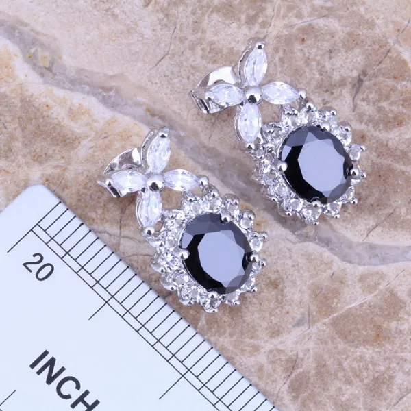 Black Cubic Zirconia White CZ Silver Plated Jewelry Sets Earrings Pendant Ring Size 6 / 7 / 8 / 9 / 10 / 11 / 12 S0038