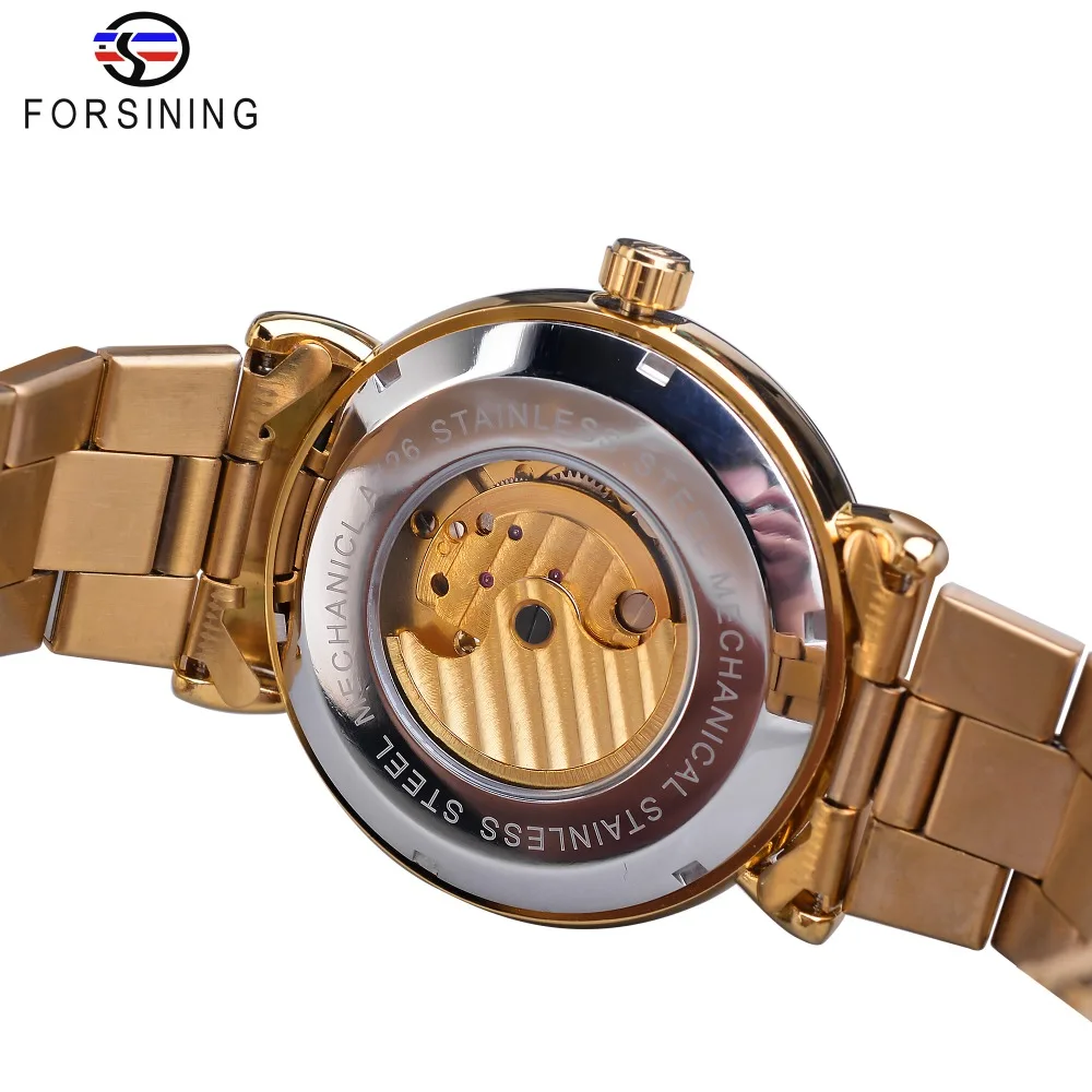 Forsining Mens Skeleton Automatic Mechanical Watch Golden Vintage Moon Phase Steel Male Wristwatch Top Brand Luxury Montre Homme