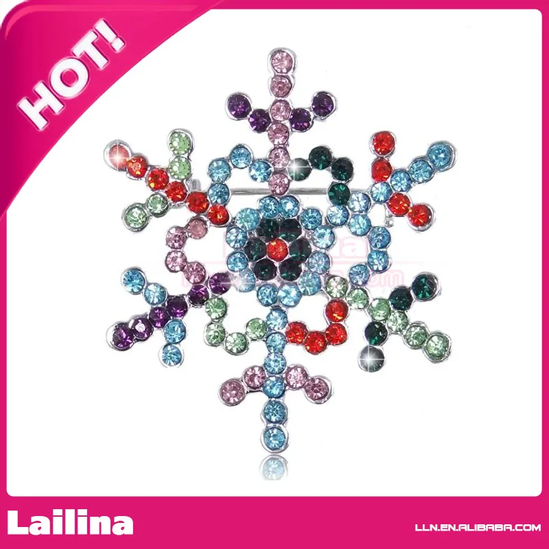 

Hot Sales 100pcs/lot Winter Snowflake Multicolor Crystal Brooch Pin For Christmas Gift