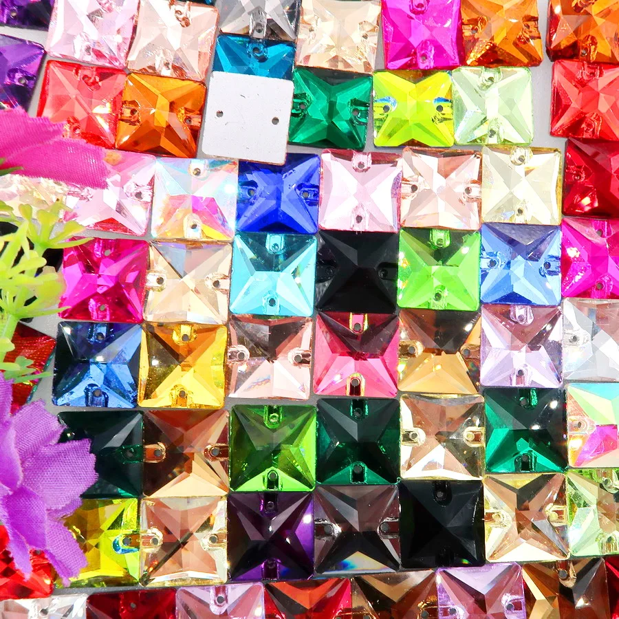 Quadratische Form Flacher Rücken mit Zwei Löchern Glaskristall 6 Größen Aufnähbare Strass-Kristalle Perlen Hochzeitskleid Schuhe Taschen DIY Dekoration – Detail 4