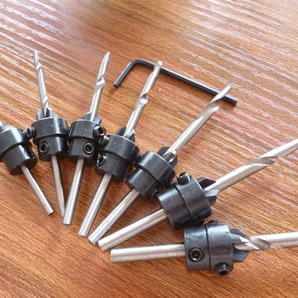 7PCS Tapered Countersink Drill Bit HSS Woodworking Tools Hex Shaft Tapered Wood Adjustable Depth Hole Cutter Screw Pilot Drill