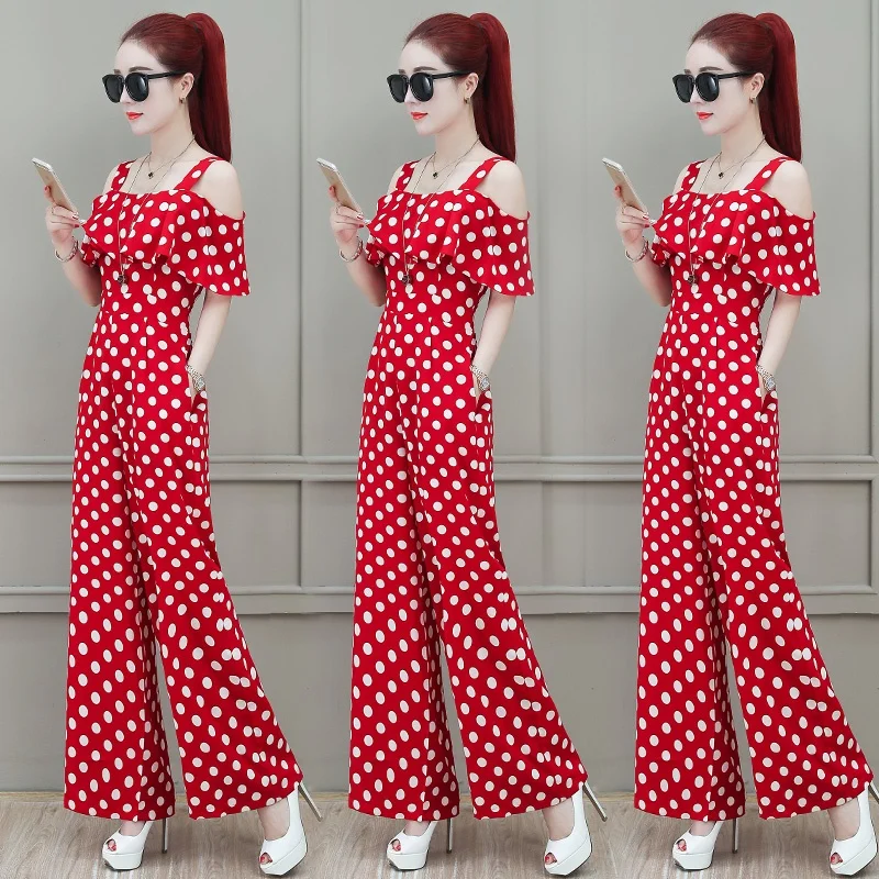 Polka Dot Jumpsuit 2019 Musim Panas Off Bahu Korea Overall Pinggang Tinggi BoHo Playsuit Elegan Celana Kodok untuk Wanita 2019 DD2155