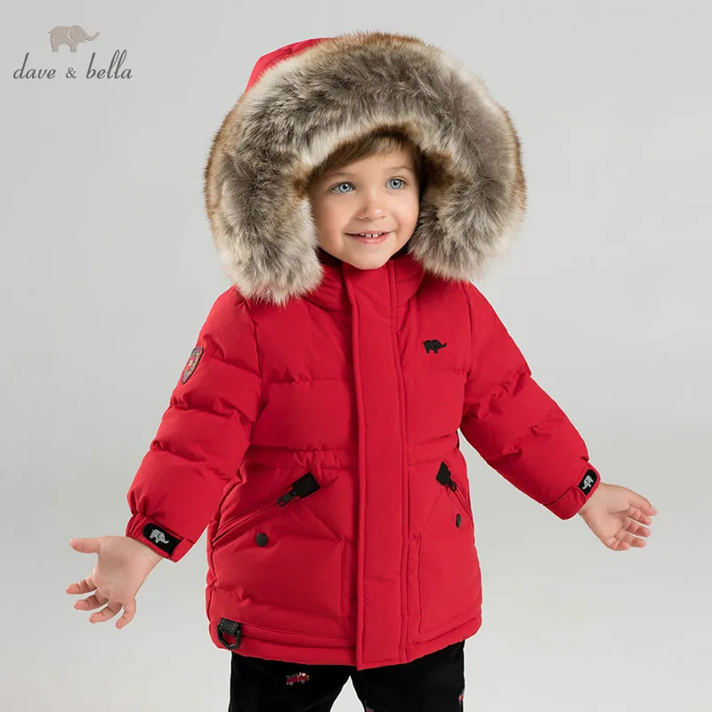 DB8855 dave bella winter baby boys down jacket children white duck down padded coat kids hooded outerwear with big fur