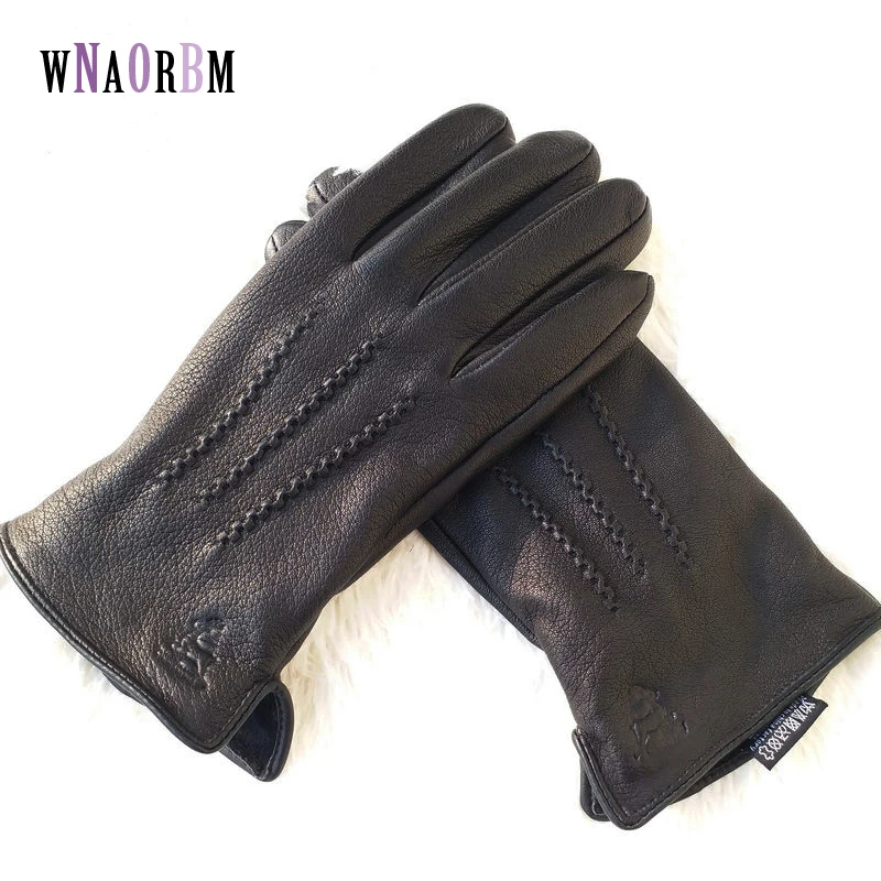 Guantes de piel de oveja 100% para hombre, diseño de patrón de piel de ciervo, guantes de cuero cálidos y suaves, mitones para hombre con forro de