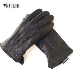 Guantes de piel de oveja 100% para hombre, diseño de patrón de piel de ciervo, guantes de cuero cálidos y suaves, mitones para hombre con forro de felpa, novedad