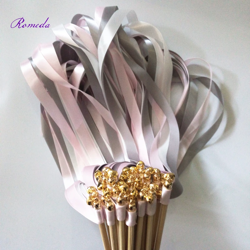 

New Arrived 50pcs/lot grey pink and white Wedding ribbon Wands stick Streamers with gold Bells for wedding decoration